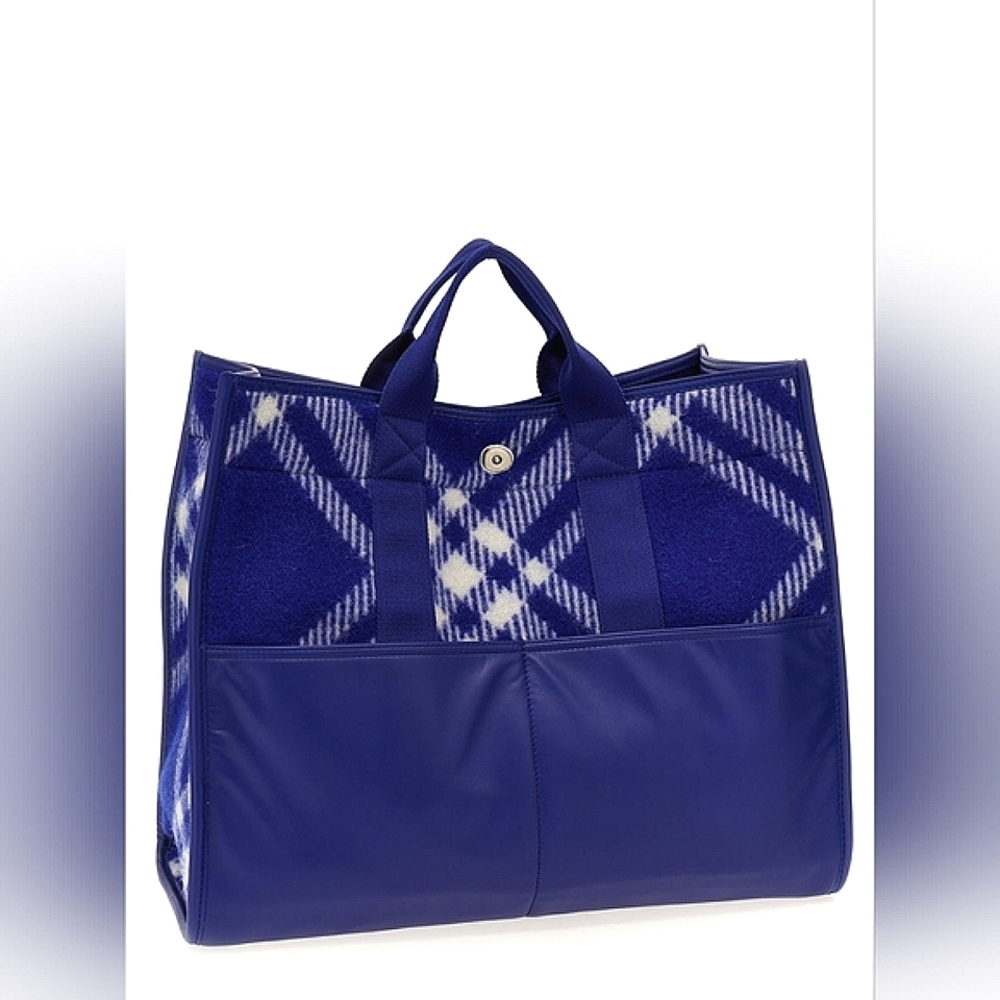 NEW Unisex Burberry Blue Nova Check Wool/Cotton/leather L shopper tote